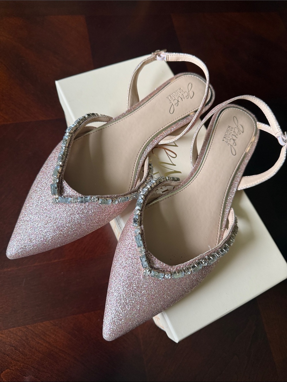 Jewel Badgley Mischka Cambrey Rose Gold Glitter Crystal Slingback Flats 8.5